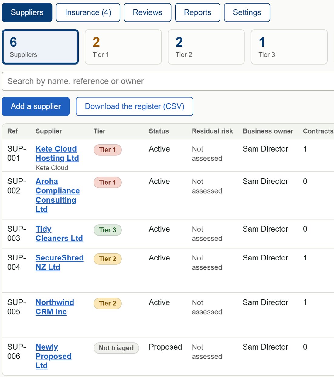 The suppliers list, with each supplier shown in a risk tier, its status and its business owner.